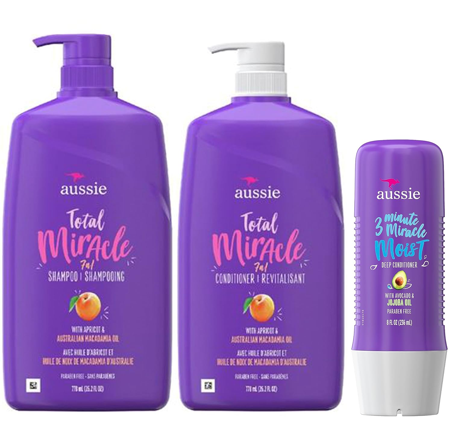 Aussie Total Miracle Shampoo, Conditioner and 3 Minute Miracle Deep Conditioner Hair Treatment Bundle, Infused with Apricot and Australian Macadamia Oil, Paraben Free